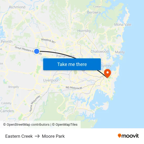 Eastern Creek to Moore Park map