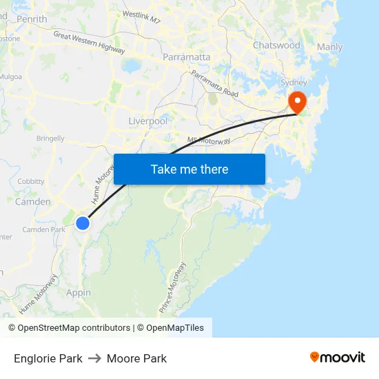 Englorie Park to Moore Park map