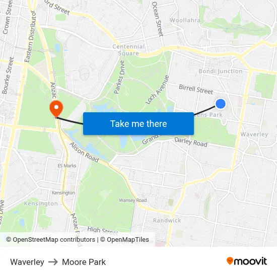 Waverley to Moore Park map