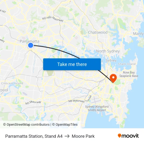 Parramatta Station, Stand A4 to Moore Park map