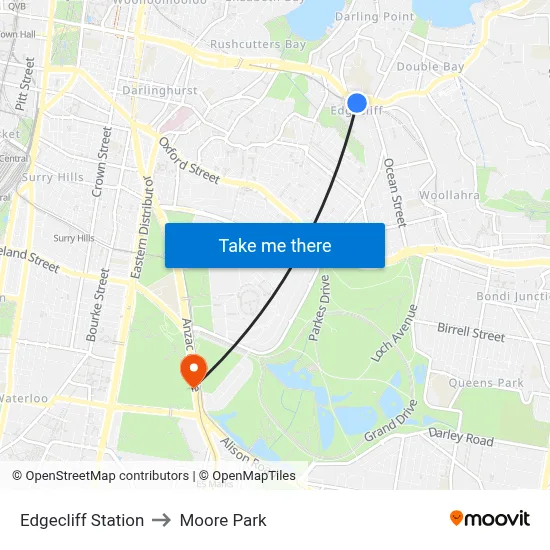 Edgecliff Station to Moore Park map