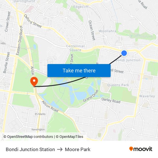 Bondi Junction Station to Moore Park map