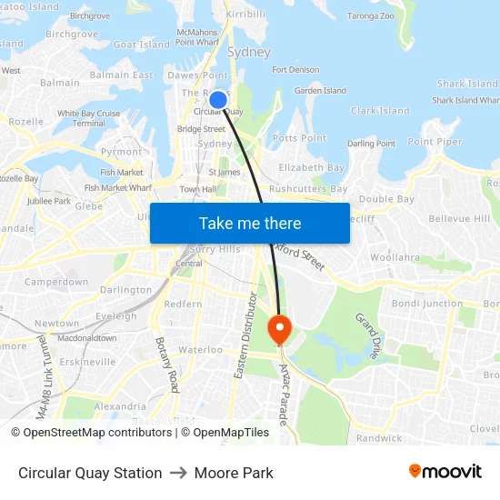 Circular Quay Station to Moore Park map