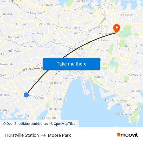 Hurstville Station to Moore Park map