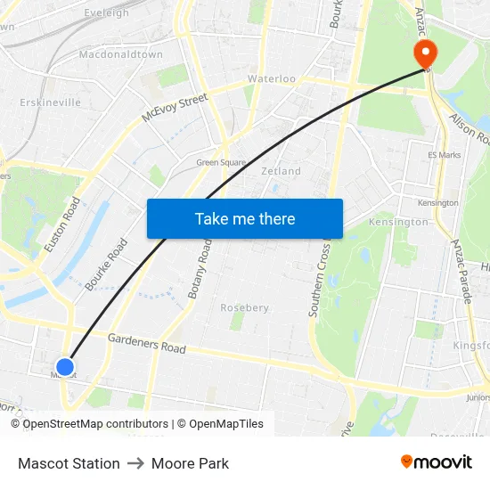 Mascot Station to Moore Park map