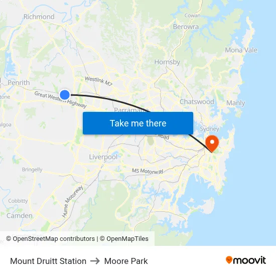 Mount Druitt Station to Moore Park map