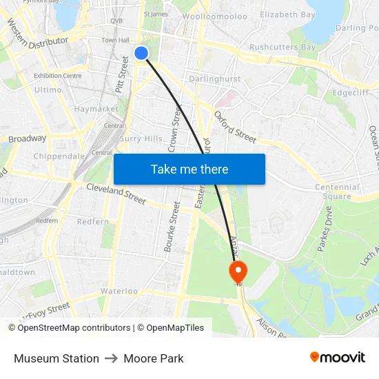 Museum Station to Moore Park map