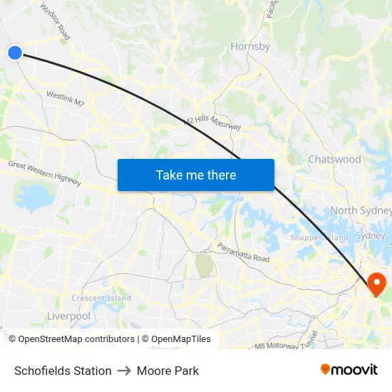 Schofields Station to Moore Park map