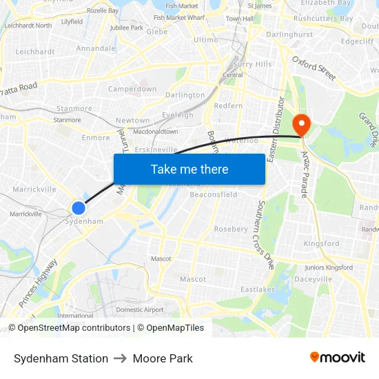 Sydenham Station to Moore Park map