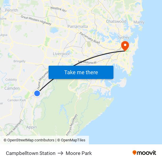 Campbelltown Station to Moore Park map