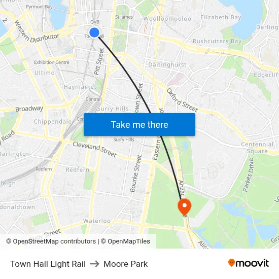 Town Hall Light Rail to Moore Park map