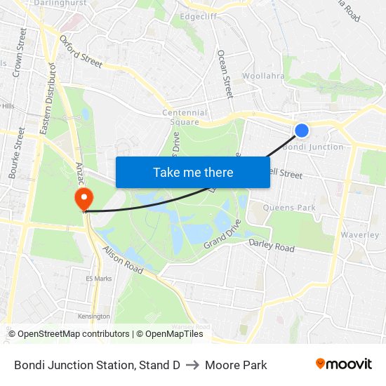 Bondi Junction Station, Stand D to Moore Park map