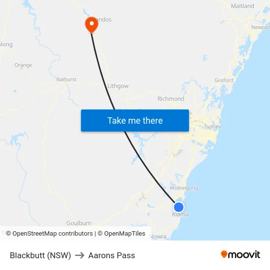 Blackbutt (NSW) to Aarons Pass map