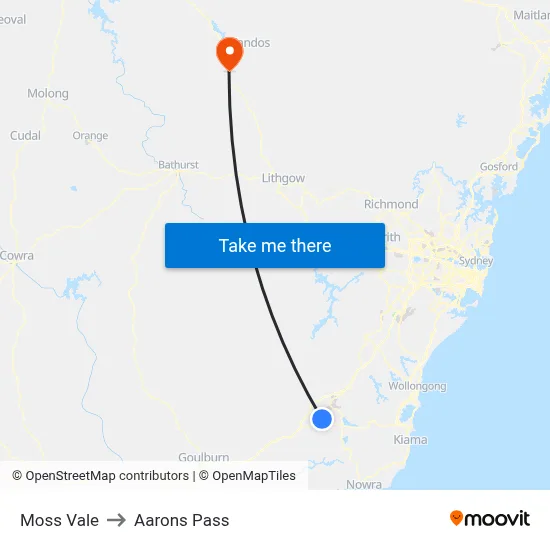 Moss Vale to Aarons Pass map