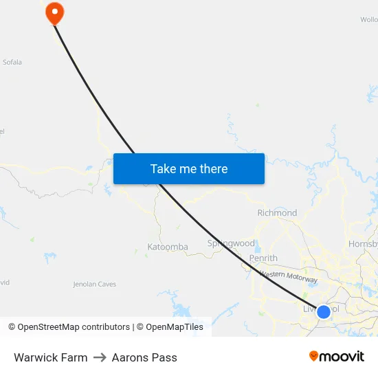 Warwick Farm to Aarons Pass map