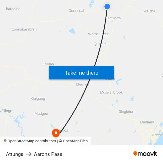 Attunga to Aarons Pass map