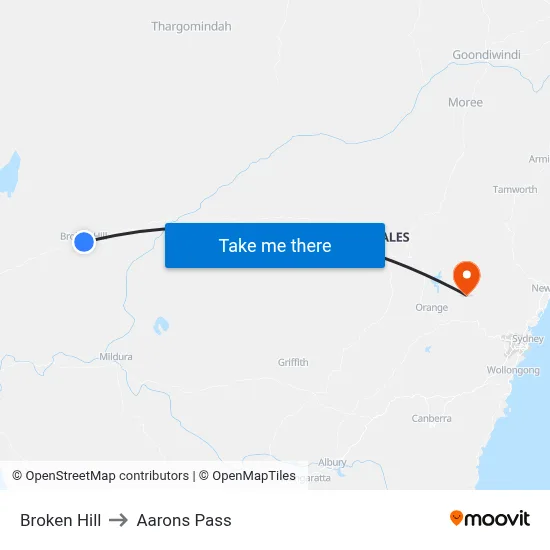 Broken Hill to Aarons Pass map