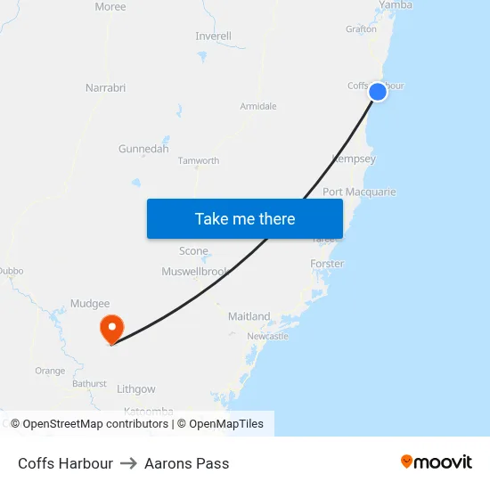 Coffs Harbour to Aarons Pass map