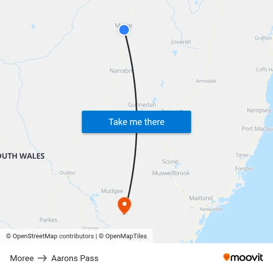 Moree to Aarons Pass map