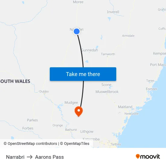 Narrabri to Aarons Pass map