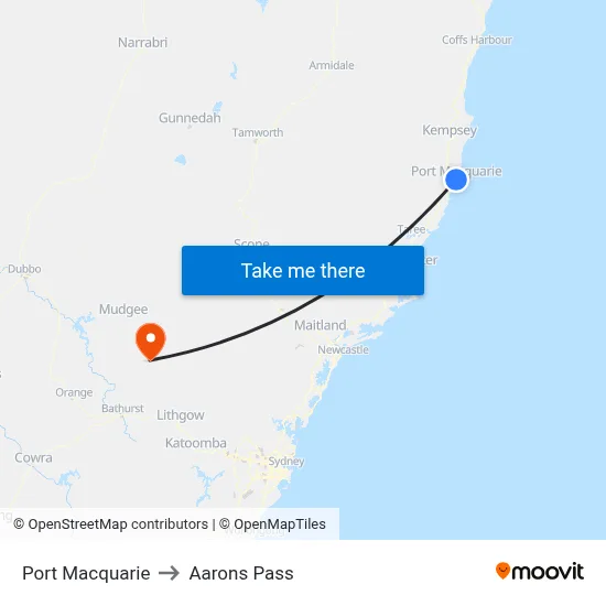 Port Macquarie to Aarons Pass map