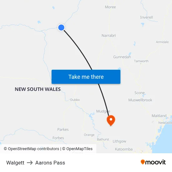 Walgett to Aarons Pass map