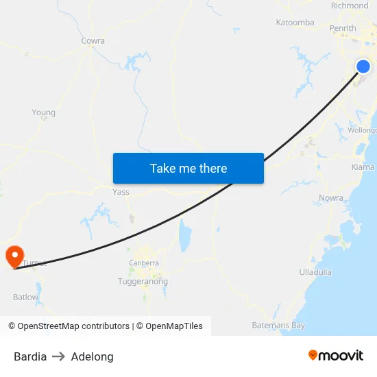 Bardia to Adelong map