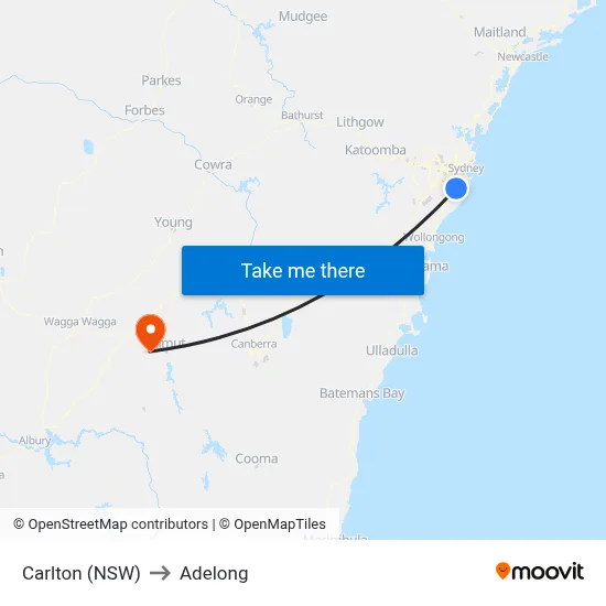 Carlton (NSW) to Adelong map