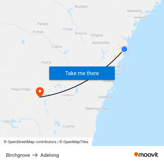 Birchgrove to Adelong map