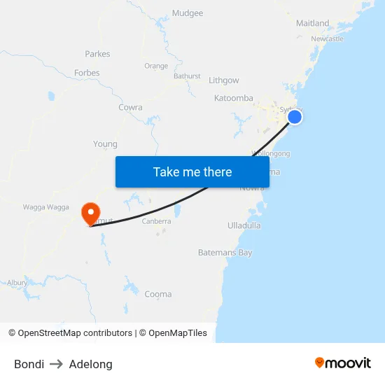 Bondi to Adelong map