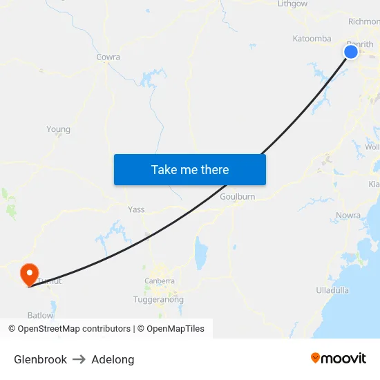 Glenbrook to Adelong map