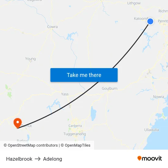 Hazelbrook to Adelong map