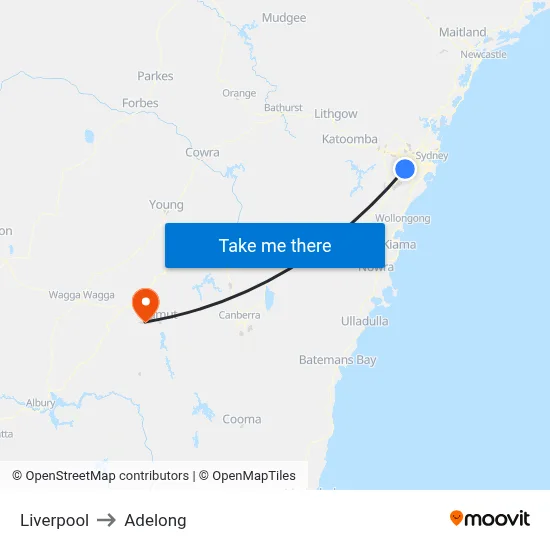 Liverpool to Adelong map