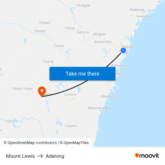 Mount Lewis to Adelong map