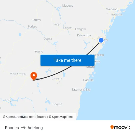 Rhodes to Adelong map