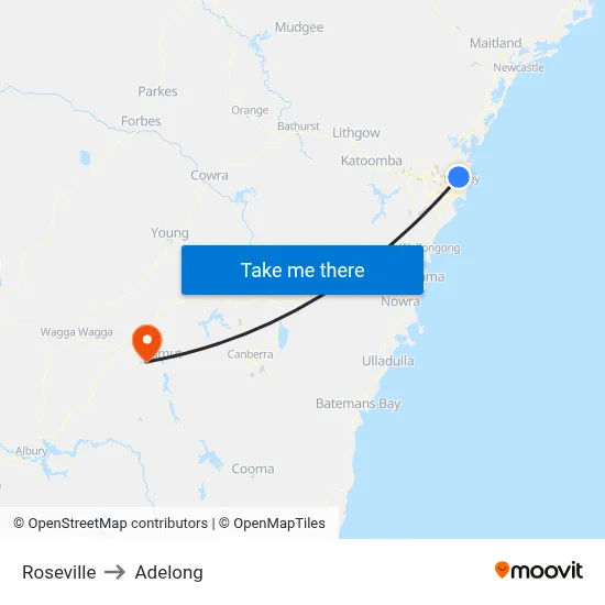 Roseville to Adelong map