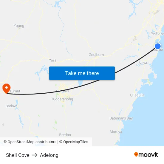 Shell Cove to Adelong map
