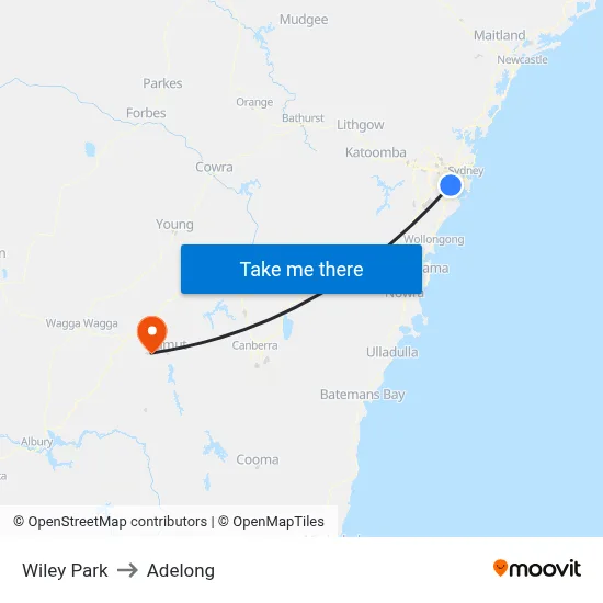 Wiley Park to Adelong map