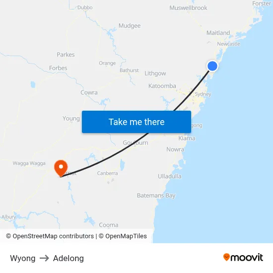 Wyong to Adelong map