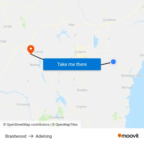 Braidwood to Adelong map