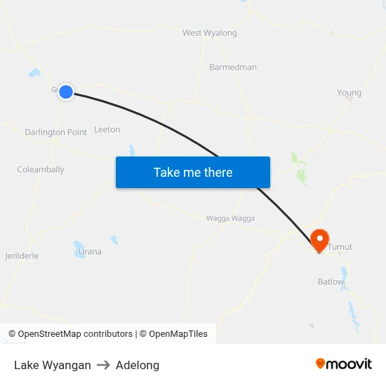Lake Wyangan to Adelong map