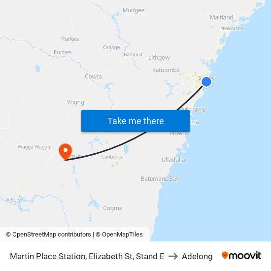 Martin Place Station, Elizabeth St, Stand E to Adelong map