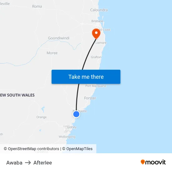 Awaba to Afterlee map