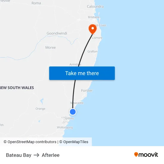 Bateau Bay to Afterlee map