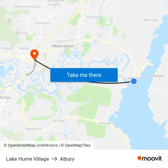 Lake Hume Village to Albury map