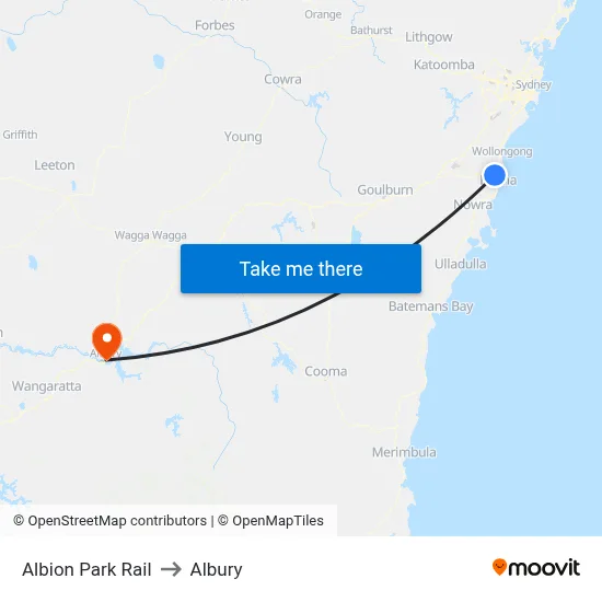 Albion Park Rail to Albury map