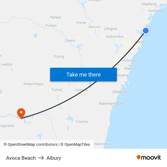 Avoca Beach to Albury map