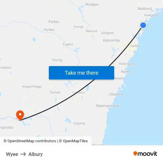 Wyee to Albury map