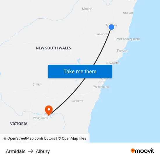 Armidale to Albury map