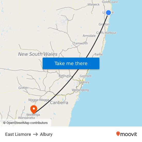 East Lismore to Albury map